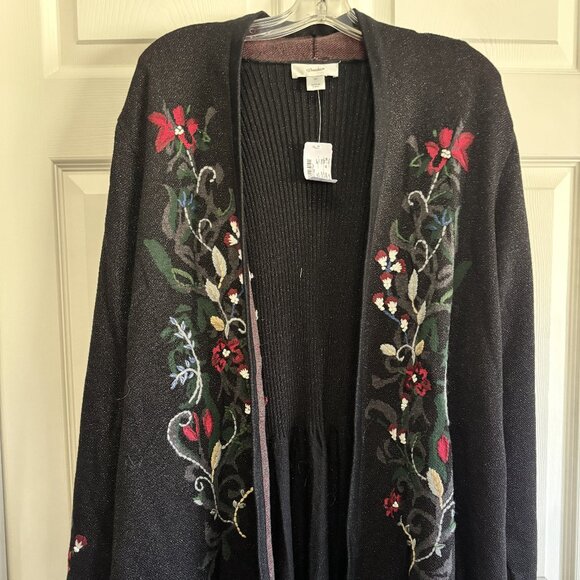 CJ Banks Plus Black Floral Embroidered Open Front Cardigan Coatigan Size 3X - Picture 1 of 6